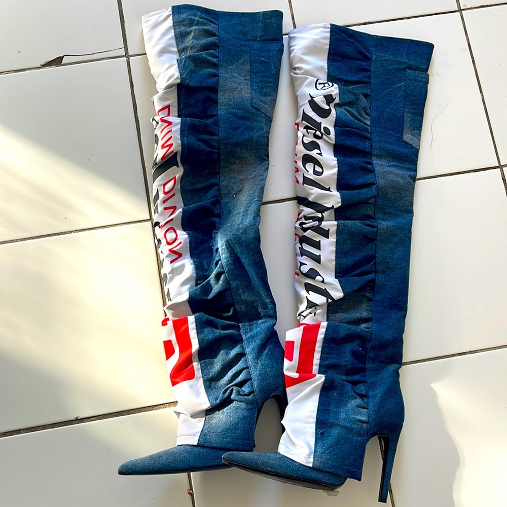 Diesel Women's Blue Ruched Denim Over The Knee Boots size 10 worn 2 times